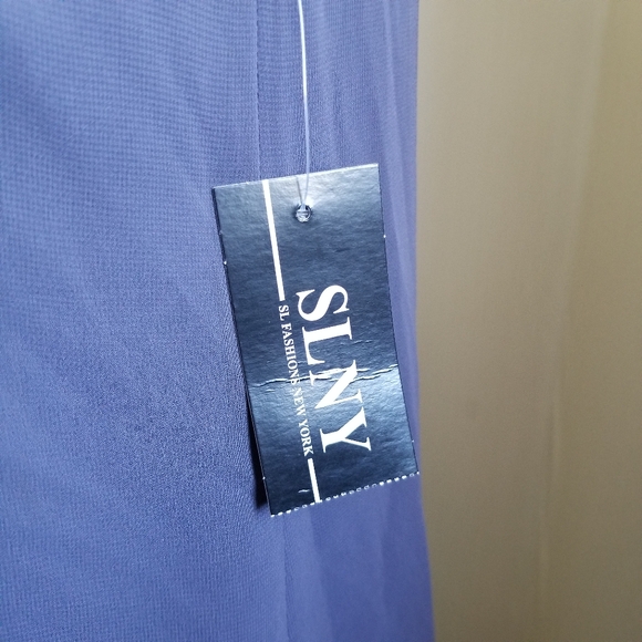 SLNY S.L. Fashions Solid Chiffon Split Front Halter Dress, Steel Grey, 8P Petite - Picture 5 of 15